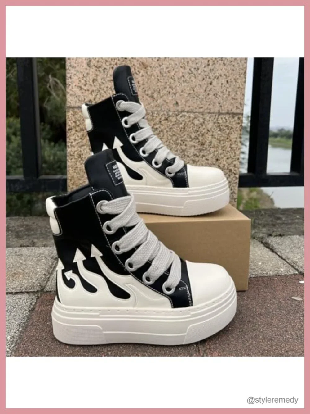 Unisex Flame Round Toe Platform Chunky Heels Sneakers Vegan PU Leather High Top